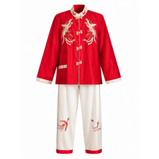 VTG 1949 Japanese Silk Pajama Set Red Crane Embroidered Lounge Medium Large