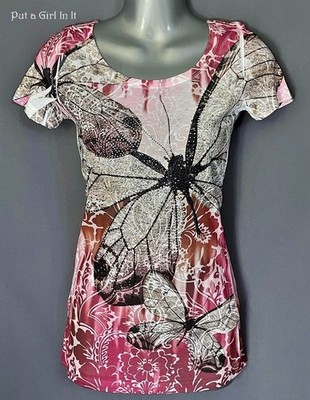 New VOCAL Womens CRYSTAL BUTTERFLY SUBLIMATION LACE CONTRAST BLING SHIRT S M USA