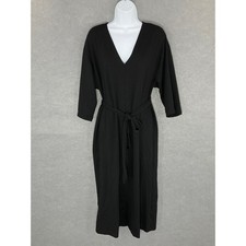 Zara Black Midi Dress V-Neck Tie Waist 3/4 Sleeve Minimalist Sz S Capsule Office