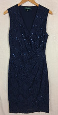 Lauren RL Cocktail Dress Womens 8 Lace Sheath Stretch V Neck Ruching Slimming