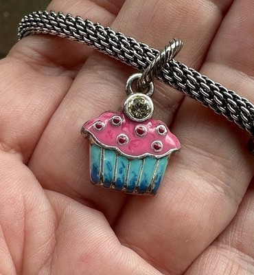 Brighton Cupcake ABC Dangle Charm Pink/Blue Enamel Crystal Silver Plated Retired