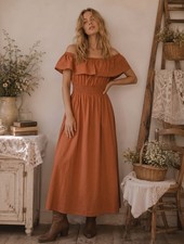 NWT OLD NAVY Size Large Maxi Off Shoulder Dress Terracotta Prairie Cottagecore
