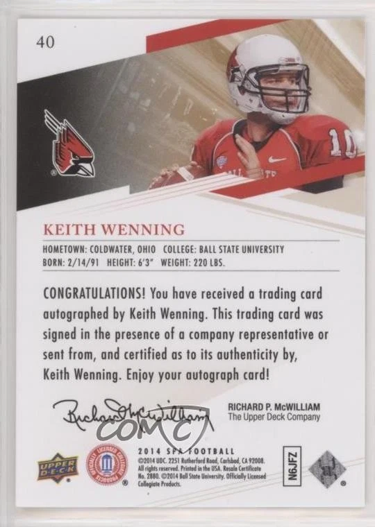 2014 SP Authentic Auto Inscriptions /25 Keith Wenning #40 Rookie Auto RC - Image 2 of 2