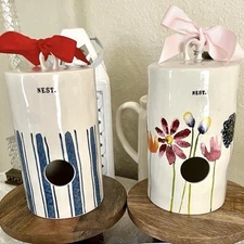 Rae Dunn  NEST Cylinder Bird Houses Blue Striped and Floral