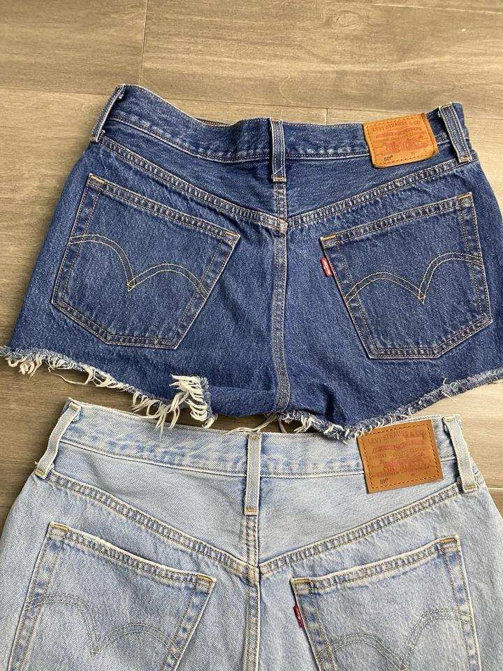 X2Levis 501 Denim Jean Shorts Womens L Blue Button Fly Cut Off Distressed Grunge - Image 3 of 4