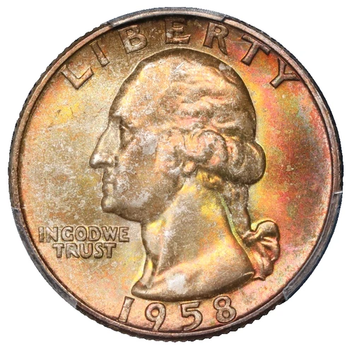 1958-D Washington Silver Quarter PCGS MS-66+ Plus End Roll Toned Album Toning