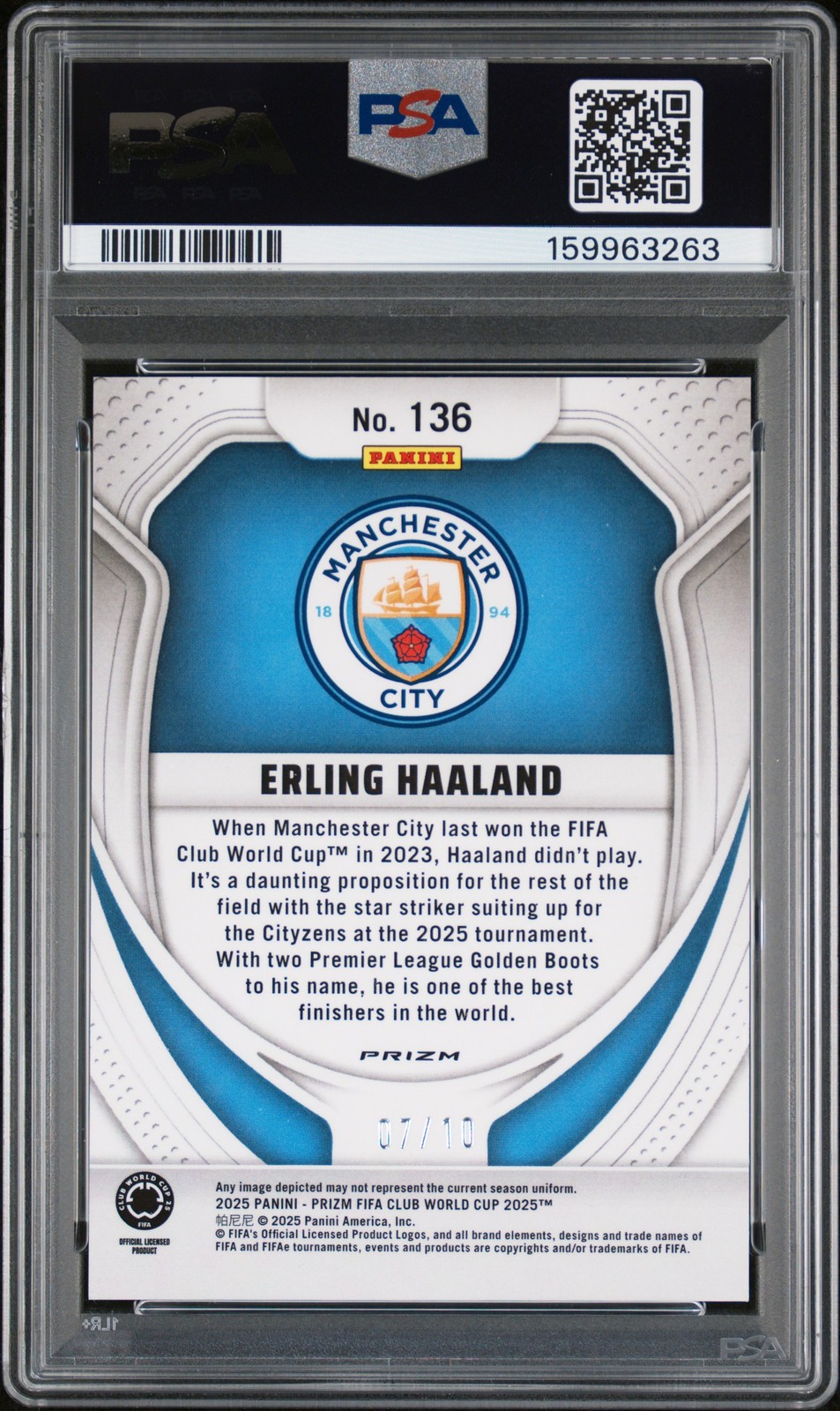2025 PANINI PRIZM FIFA CLUB WORLD CUP GOLD GLITTER ERLING HAALAND 7/10 PSA 8 view 2