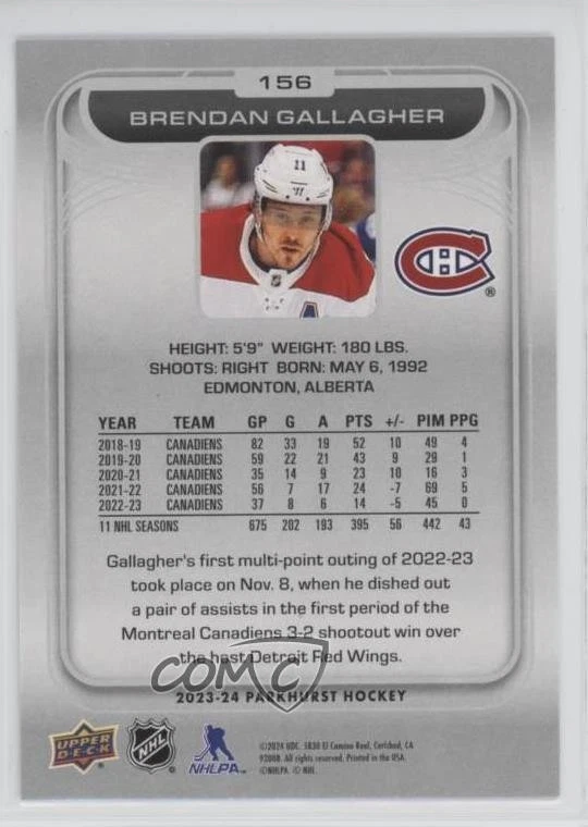 2023-24 Upper Deck Parkhurst Silver Foil Brendan Gallagher #156 - Image 2 of 2