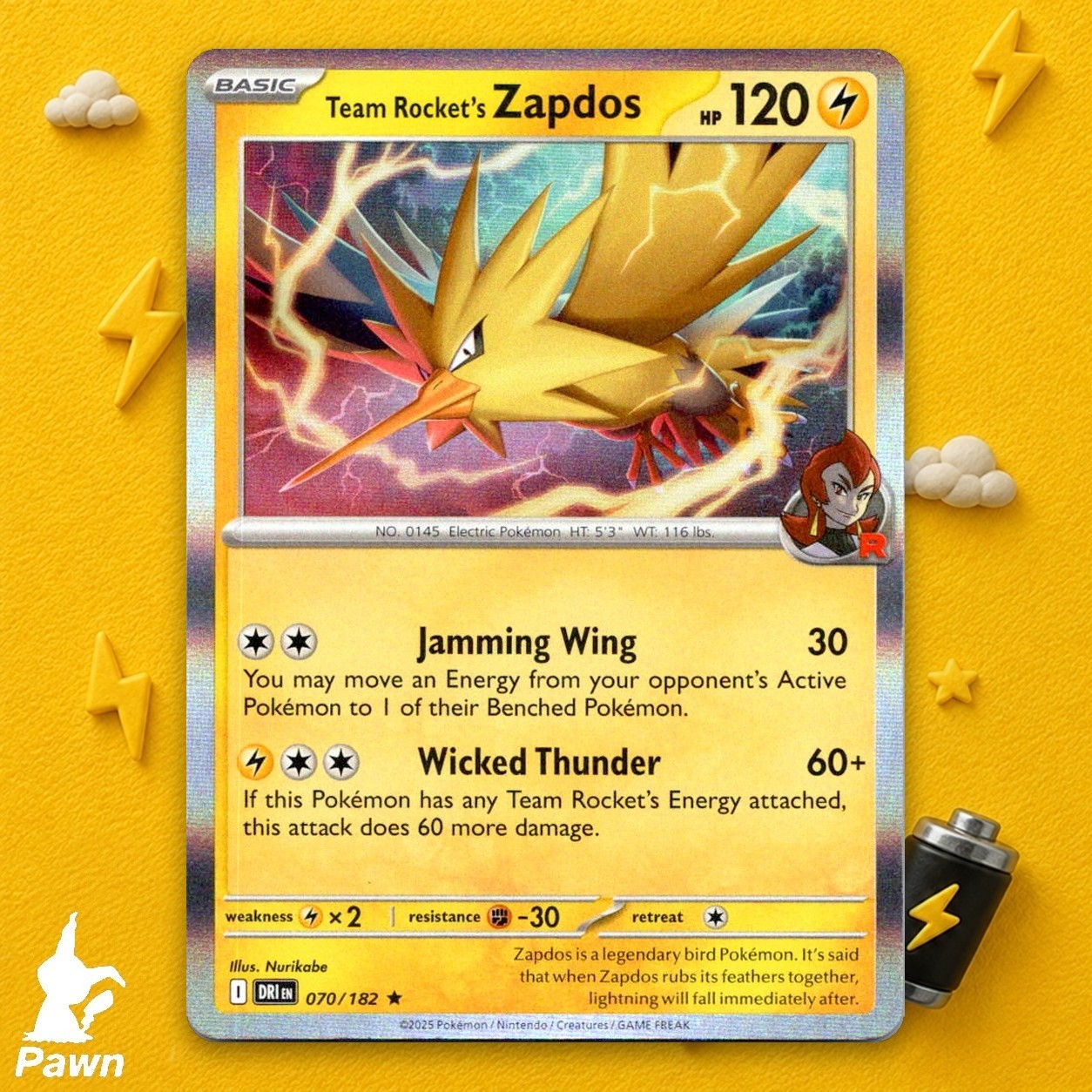Team Rocket's Zapdos 70/182 Reverse Holo Destined Rivals Pokemon TCG Card