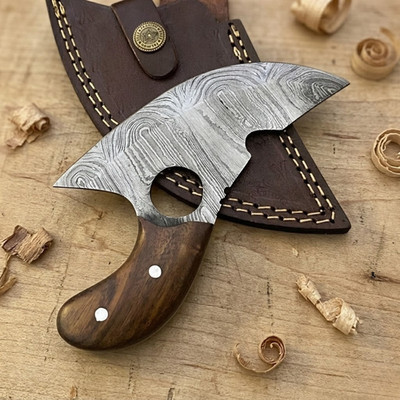 Handmade Damascus Ulu Mezzaluna Pizza Cutter Rocker Chopper Knife with Sheath
