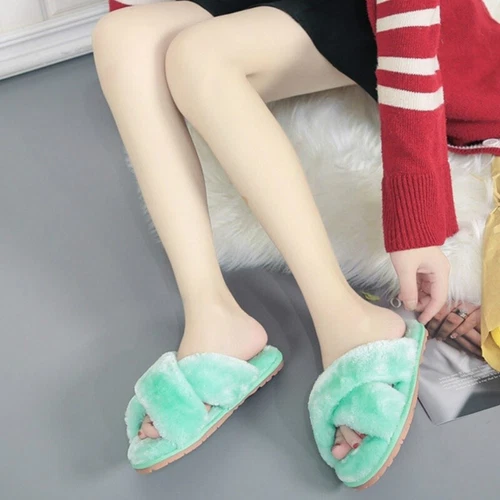 Damen Plüsch Hausschuhe Kunstfell Slipper warm pelzig flach Schuhe offene Zehenpartie grün - Bild 13 von 25