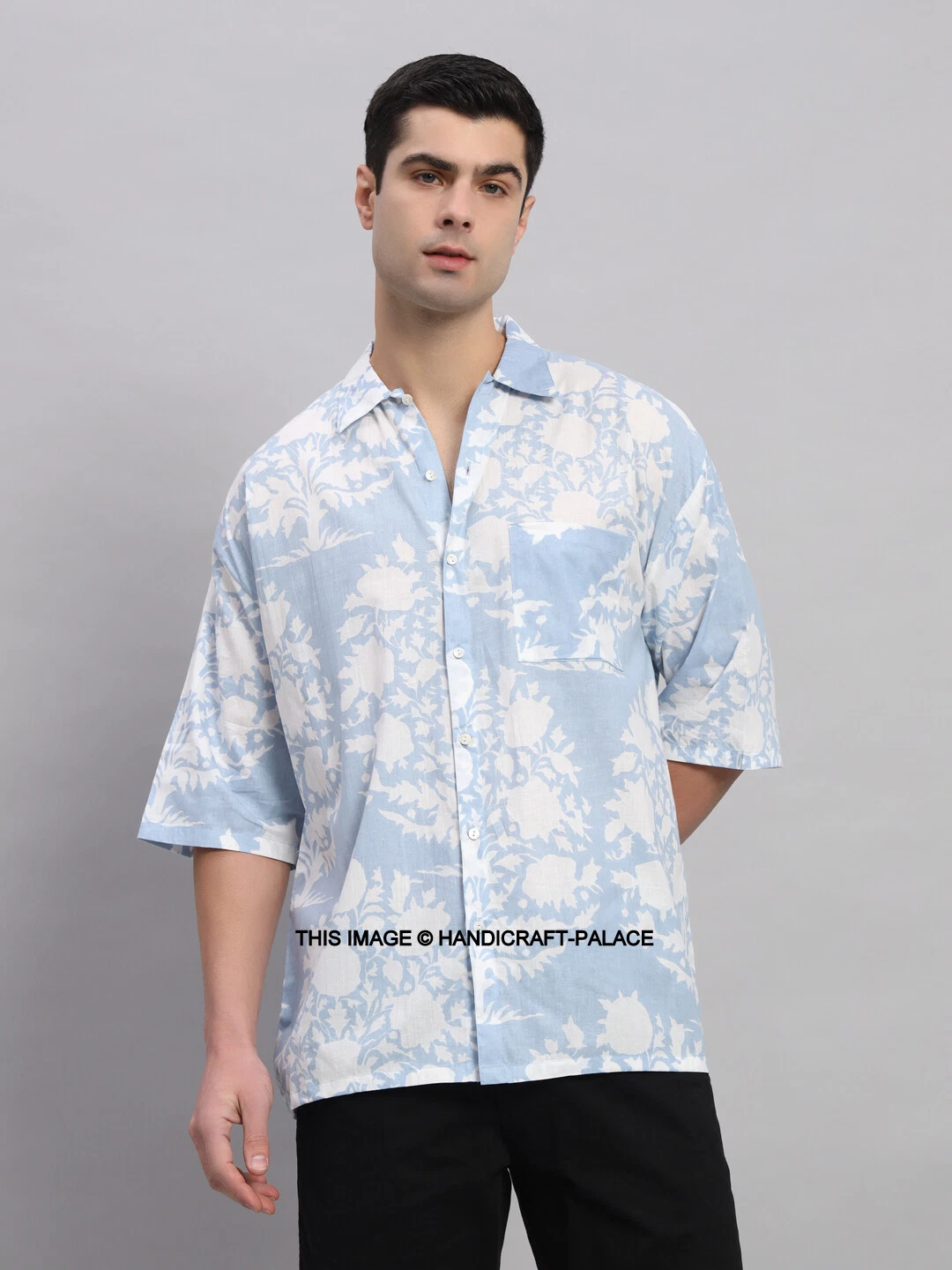 Men's Blue Floral Casual Cotton Shirt Loose Short Sleeve Button Down Shirts
Opens in a new window or
