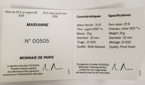 France 2018 20 Euro Marianne Monnaie de Paris Silver Proof Coin With Box & COA - Picture 5 of 5