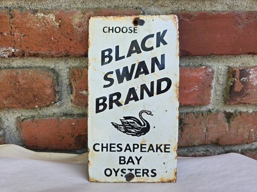 Old Antique Black Swan Brand Chesapeake Bay Oysters Porcelain Door Push Sign