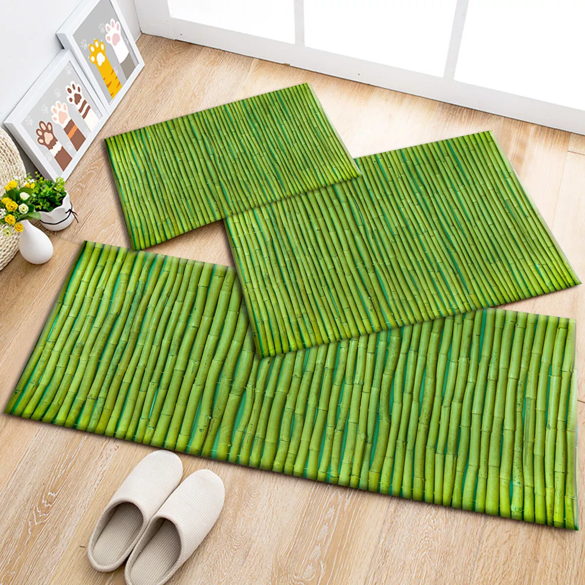 Green Bamboo Pole Pattern Area Rugs Kitchen Bedroom Carpet Living Room Floor Mat