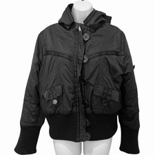 Parasuco Denim Cult Black Button Front Bomber Jacket Size L Detachable Hood