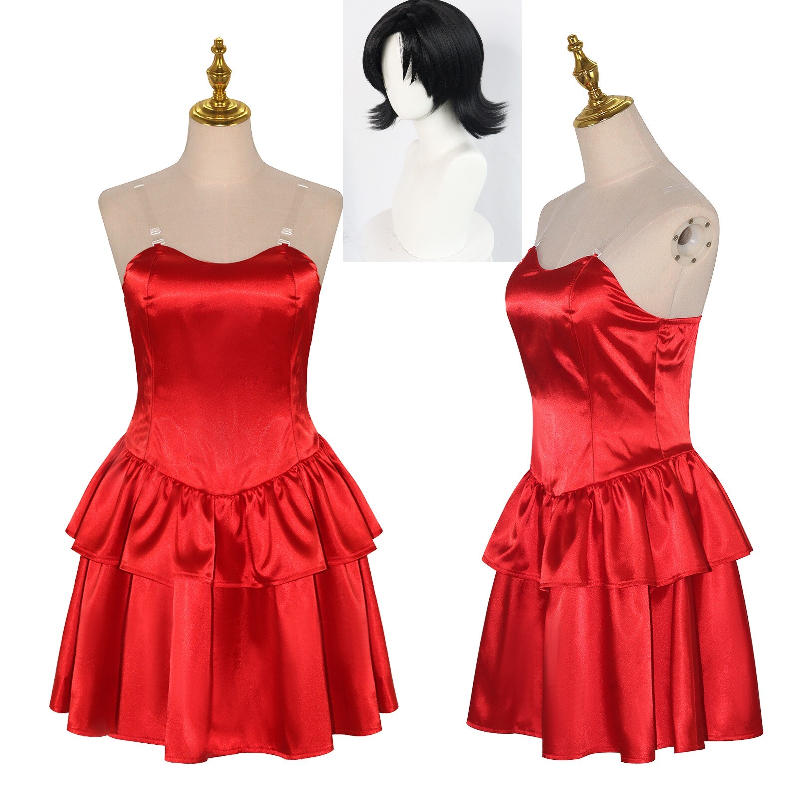 Perfect Blue Cosplay Mima Costume Red Strapless Tube Dress Headband Gloves Wig
