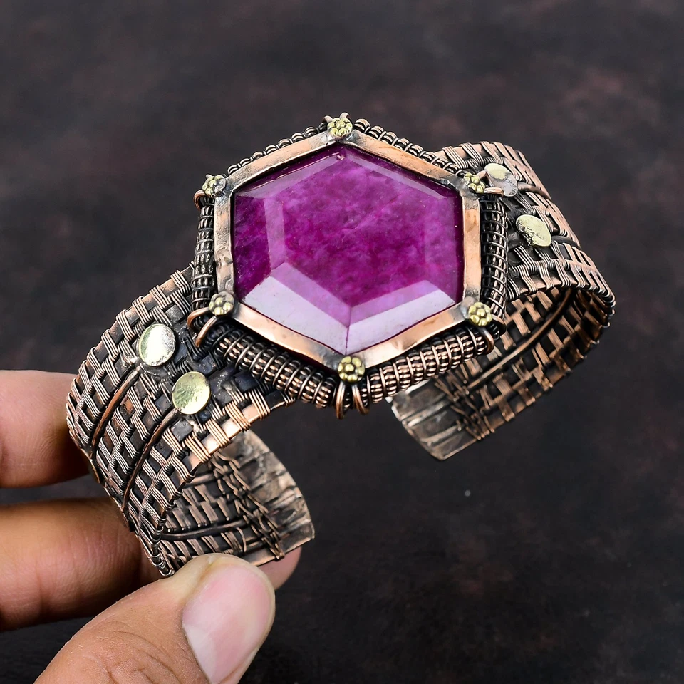 Gift For Women Jewelry Wire Wrapped Adjustable Cuff Copper Gemstone Handmade - Image 2 of 4