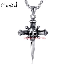 MENDEL Mens Stainless Steel Gothic Biker Skull Cross Pendant Necklace For Men