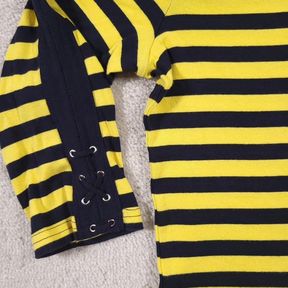 Camisa Chaps Para Mujer Grande Azul Marino y Amarillo Rayas Tejida Manga 3/4 Cuello Barco Foto 4 de 4