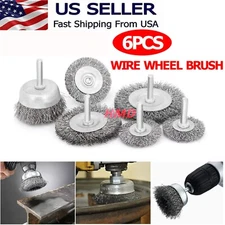 6pc Wire Wheel Cup Brush Set Coarse Crimped Carbon Steel Shank Drill Attachments