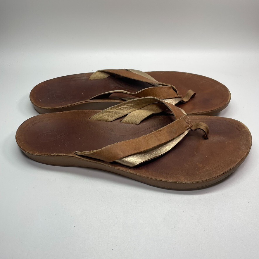 Women's Olukai Kaekae Leather Thong Flip Flops Size 11 Gold Brown-image