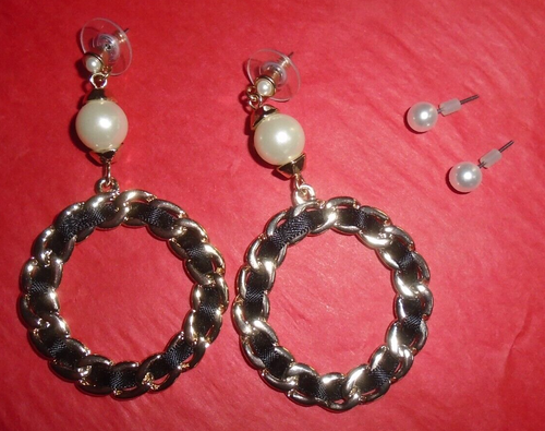 FAUX PEARL Art Deco Dangle Drop Earrings 2.5'' + Stud Earrings 5mm