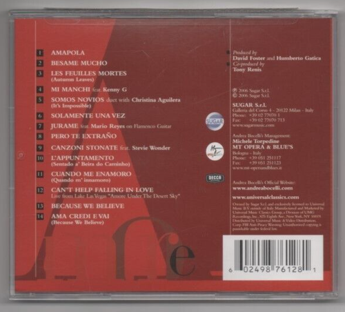 Andrea Bocelli Amore 2006 CD Can't Help Falling in Love - Picture 2 of 2