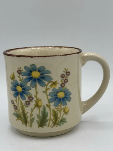 Otagiri Style Speckled Stoneware Coffee Mugs Tea Cup Floral Wild Flowers Blue