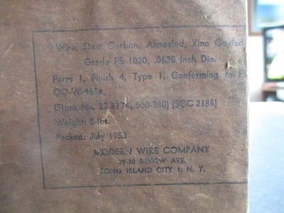 NOS VINTAGE 5 lb SPOOL 1953 Modern Wire Co. 0.0625 inch Steel Zinc Annealed  B69