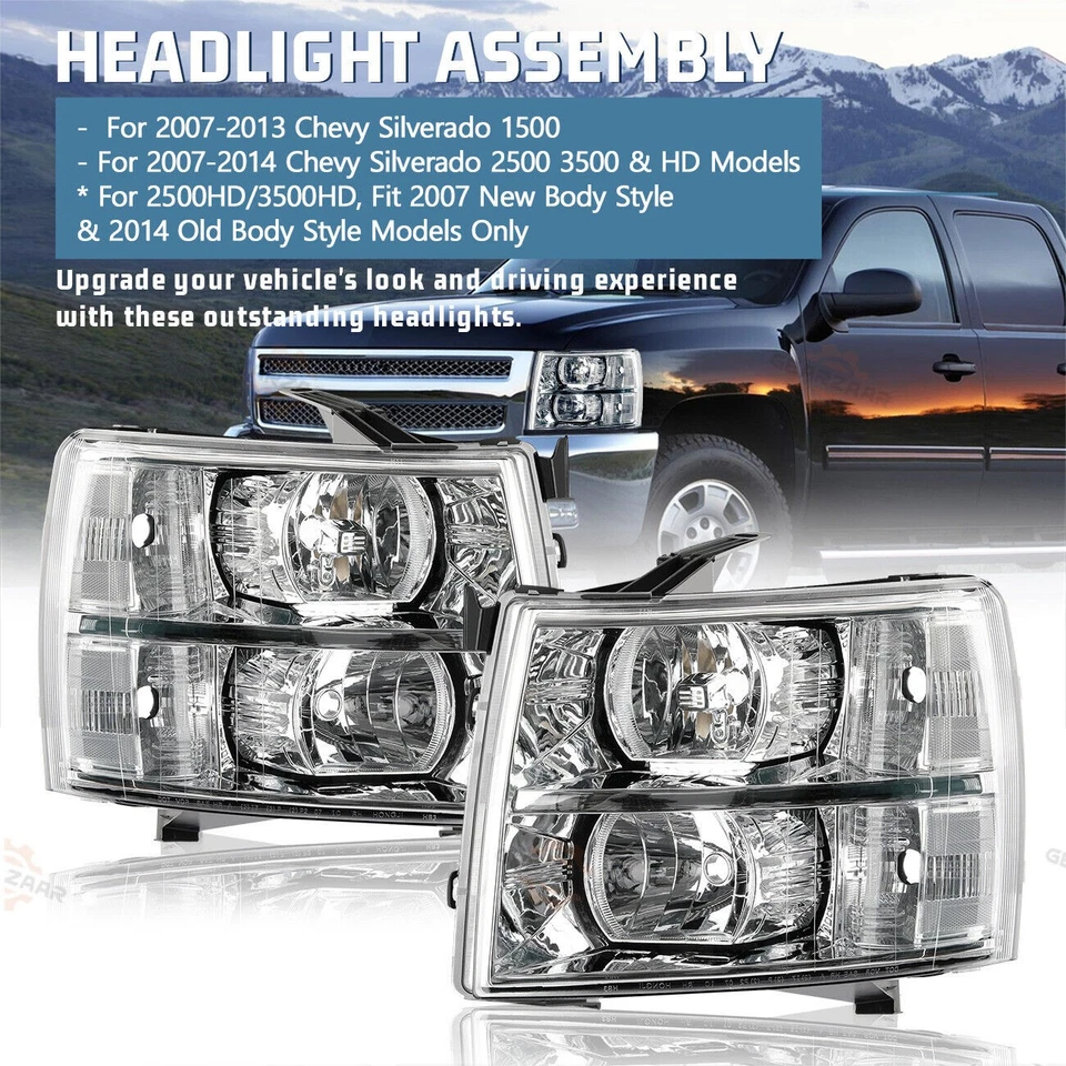 Chrome Headlights For 2007-2014 Chevy Silverado 1500 2500HD 3500HD LH+RH Sets Foto 4 de 4