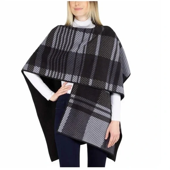 Nuevo sin etiquetas Poncho para mujer Ike Behar Sherpa Sherpa chal negro gris a cuadros reversible Foto 3 de 4