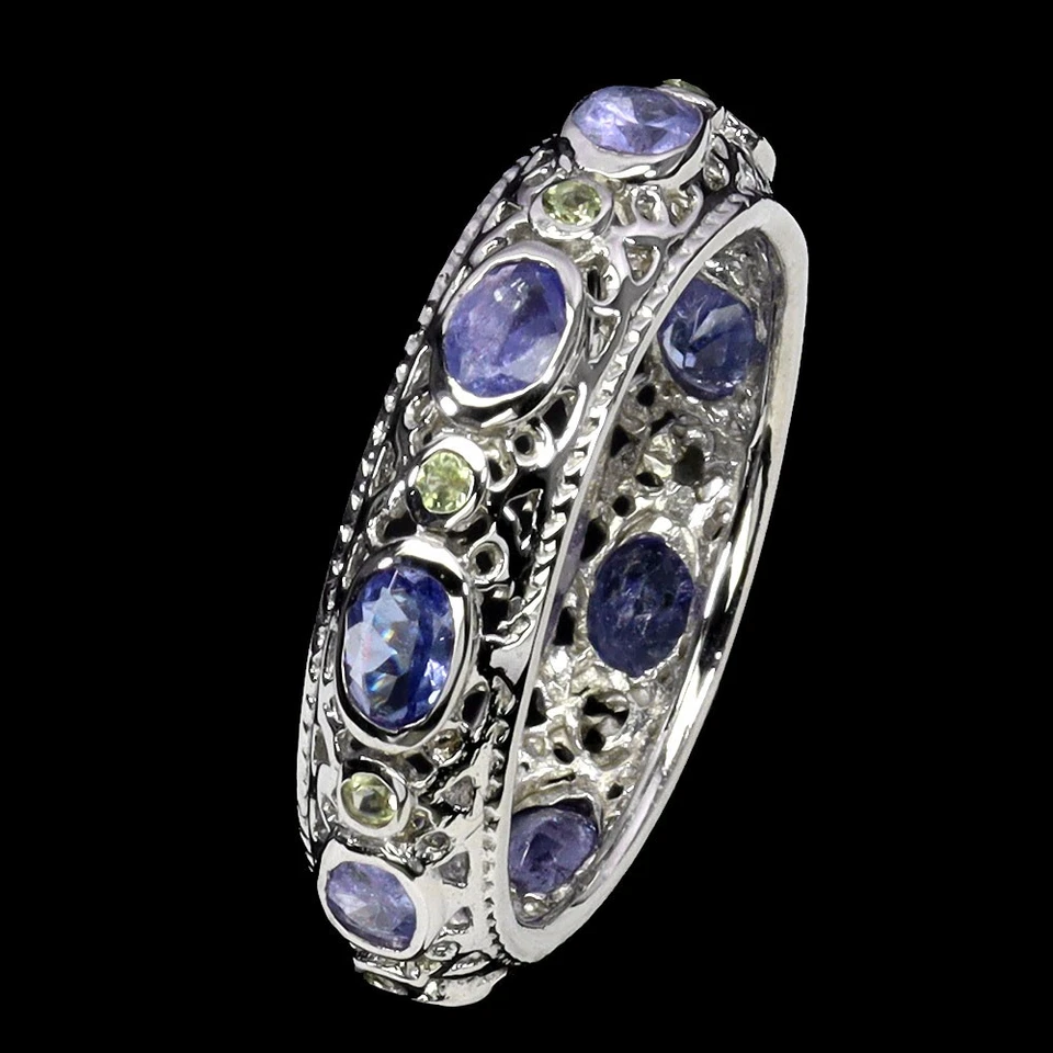 925 Anello Argento Sterling Ovale Tanzanite Peridoto Naturale Gemma Taglia 8 - Immagine 2 di 4