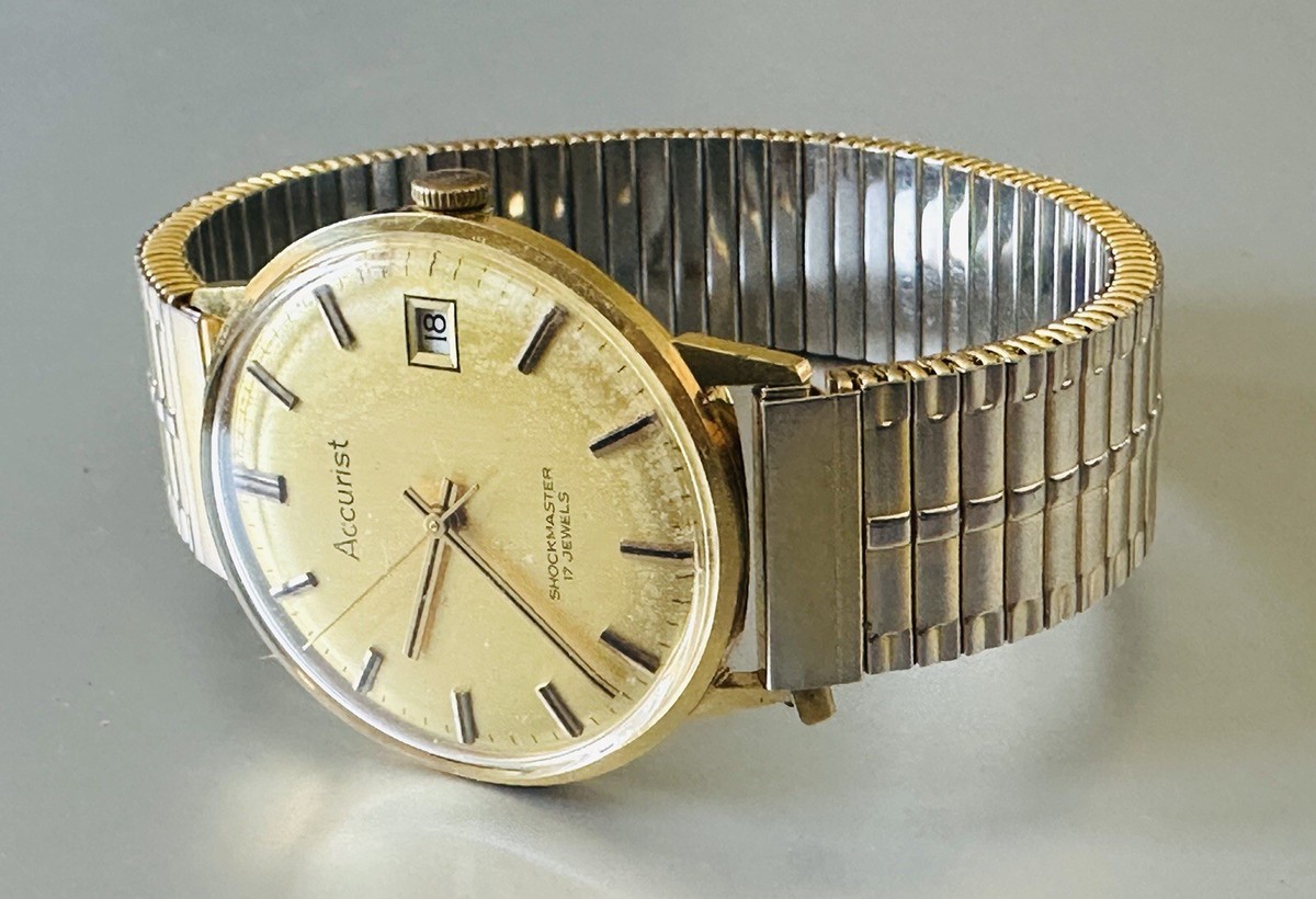 Vintage Accurist 17 Jewels Date Gold Tone Hand Wind Swiss Mens