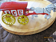 Vintage Cast Iron Toy Horse Drawn ICE Cart Heavy Red Wagon/Carriage White Horse