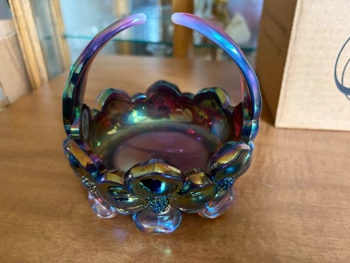 Fenton Carnival Plum Opalescent Dogwood Basket w/ Handle Signed by Nancy Fenton