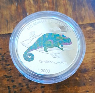 ☆26 FARBUMSCHLAG MÜNZE CHAMÄLEON 5 FRANCS KONGO 2003 PP KUPFER/NICKEL