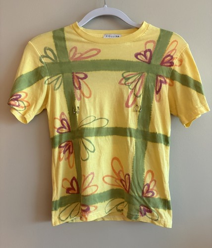 Collina Strada XS Yellow Pieced Floral Graphic T Shirt Tee Organic Cotton NY