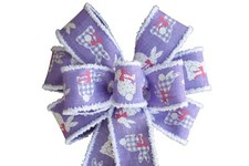 Easter Wired Wreath Bow - 10" across- Handmade - Purple Bunny Spring White Edge