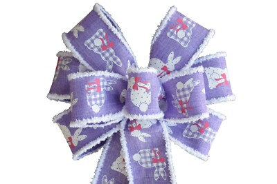 Easter Wired Wreath Bow - 10'' across- Handmade - Purple Bunny Spring White Edge