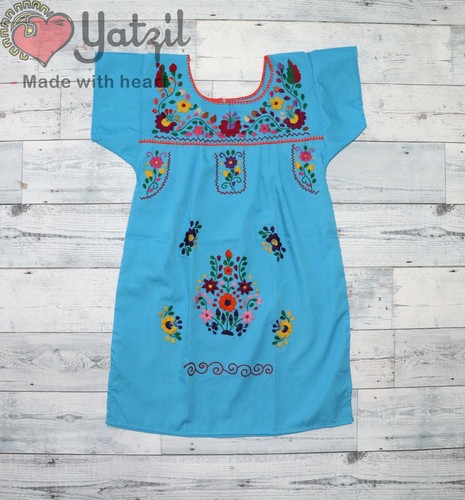 Mexican Girl Dress Peasant Hand Made Embroidered with Multicolored Flowers - Picture 10 of 11