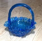 Vintage Fenton  Blue Glass Basket Thumbprint Ruffled Edge Applied Handle Basket.
