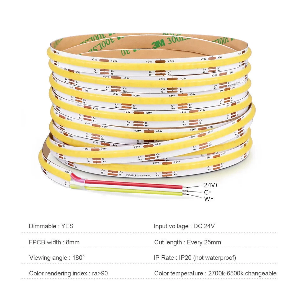 1-5m CCT 2700K-6500K COB LED Strip Light 24V 576LEDs/M Dimmable Ribbon Tape DIY - Image 3 of 4