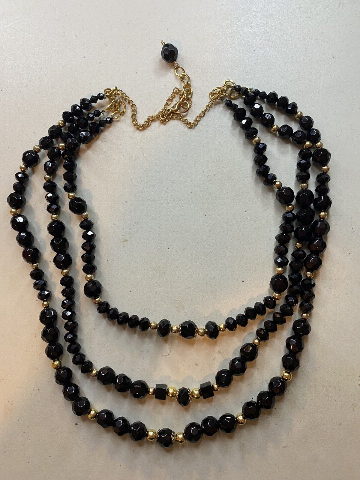 7.82 Vintage three-row Necklace beads black facet… - image 1