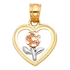 Small Tiny 14k Gold Heart Love Flower Rose Charm Pendant For Necklace Chain