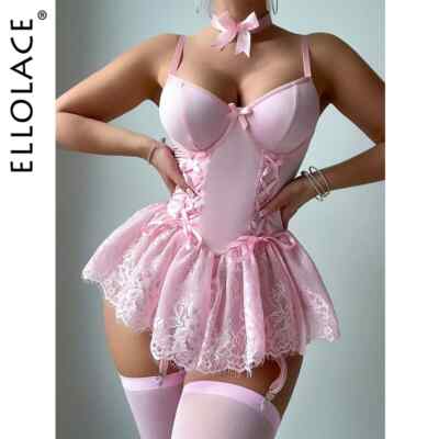 Hübsches Sexy Dessous Girly Pink Korsett-Kleid mit Strümpfen und G-String
