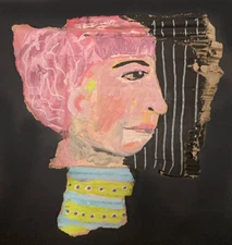 Portrait Painting Original Grungy Naive Wall Art Woman Pink Bun Miz Katie