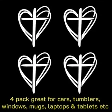 4 Pack - Cross Heart 3" White Vinyl Decal Car Window Tablet Laptop Tumbler