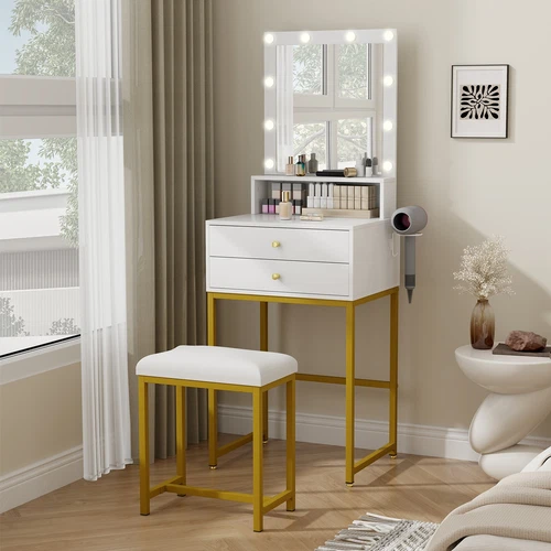 Vanity Set Makeup Desk Stool Dressing Table with Drawer 10 LED Lighted Mirror - Picture 1 of 12