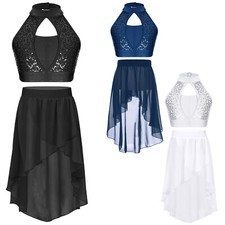 UK Kids Girls Leotard Sleeveless Dress Skating Crop Top With Skirt Show Outfit